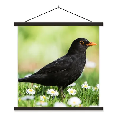 Produktbild von MuchoWow® Textilposter Vogel - Amsel - Blumen 90x90 cm mit schwarzem Rahmen - Magnetisches