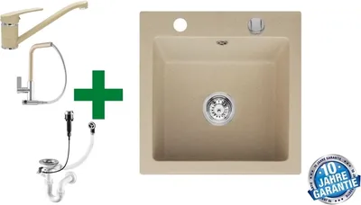 Produktbild von [Granitspüle 48x50 Beige +Armatur] Hochwertig beidseitig Montierbar Küchenspüle Eckig Einbaugranitspüle Granit Spülbecken f. Unterschränke ab 45 cm inkl. Siphon Set, Armatur:Klein