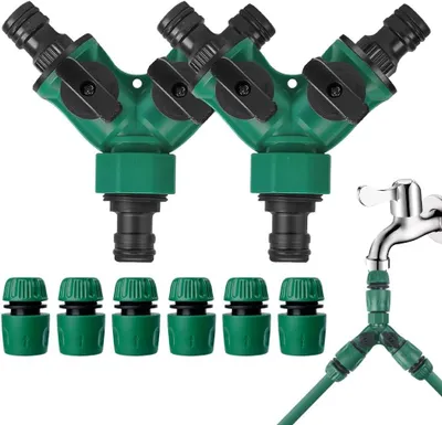 Produktbild von 2 Stück Zweifach-Wasserverteiler, 3/4-Zoll-Gartenschlauch, Wasserverteiler mit Ventil, 6 Stück 1/2-Zoll-Schnellanschluss für Gartenschläuche, Schlauchverbinder, geeignet für den Gartenbau