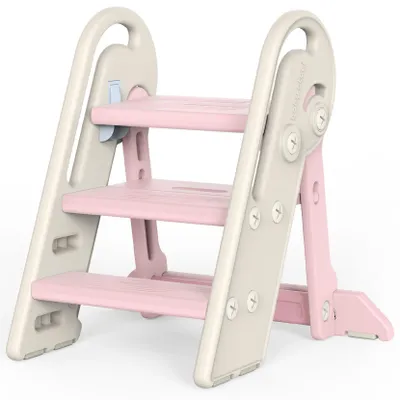 Produktbild von Onasti Kinder-Trittleiter, höhenverstellbar, 3 Stufen, mit Griffen, klappbar, kippsicher und rutschfest, für Küche, Bad, Waschbecken und Toilette