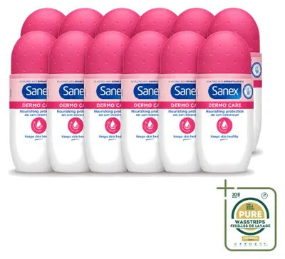 Imagen del producto de 12 unidades de antitranspirante roll-on Sanex Dermo Care, 48 horas de protección, 50 ml. Pack ahorro