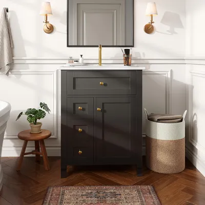 Immagine prodotto di Mobile da bagno Merax con lavabo in Vetroceramica, mobile sotto lavello con cassetto a ribalta e 3 cassetti, ante con chiusura ammortizzata, finitura nero lucido