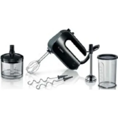 A Bosch hand mixer with various accessories is displayed against a white background.