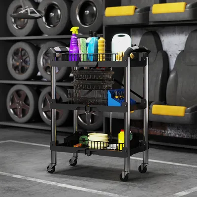 Produktbild von Werkzeugwagen klappbar 3 Etagen, Trolley Werkstatt, Kunststoff Legierungsstahl, Schwarz | 64 x 37 x 84 cm | bis 68 kg | auf 18,5 cm faltbar