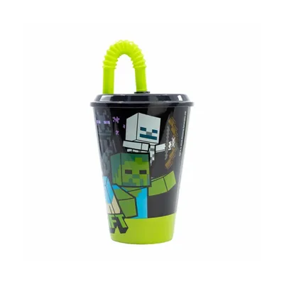 Produktbild von Minecraft Kinder Trinkbecher Mehrweg mit Deckel und Trinkhalm 430 ml BPA frei