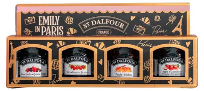 Immagine prodotto di Set di mini creme di frutta St. Dalfour "Emily in Paris": arancia e zenzero, albicocca, 4 vasetti da 28g, senza zuccheri aggiunti, 100% frutta