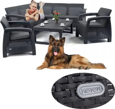 Zdjęcie produktu dla CORFU RELAX DUO LYON Grrafit - Zestaw Mebli Ogrodowych - Sofa Narożna + 2 Fotele + Stół 2w1 + Poduszki dla 7 Osób