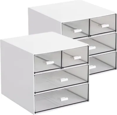 Produktbild von Schreibtisch-Aufbewahrung, Make-up-Aufbewahrungsbox mit 4 Schubladen, Kunststoff, Bürobedarf, Schreibtisch-Organizer für Büro, Schule, Zuhause und Badezimmer (weiß, 2 Stück)