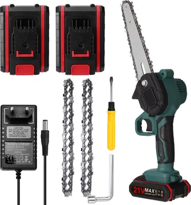 Produktbild von Kettensäge, 6 Zoll 21V Elektro-Kettensäge, Tragbare Handgeführte Akku Kettensäge, 2x Batterie 2x Kette 1x Führungsplatte und 1x Ladegerät enthalten