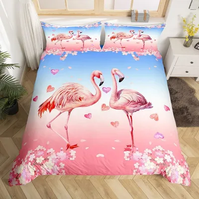 Produktbild von Elzusha - Bettwäsche-Set, Rosa Flamingo mit Kirschblütenmotiv - Einzelbett (2 Stück)