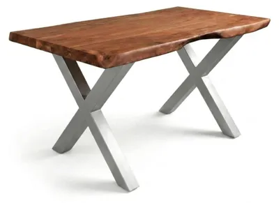 Produktbild von Baumkantentisch Cali 160 x 85 cm, Akazienholz massiv nussbaumfarben, 50 mm Tischplatte, Esstisch mit X-Metallgestell Silber, Industrial-Design