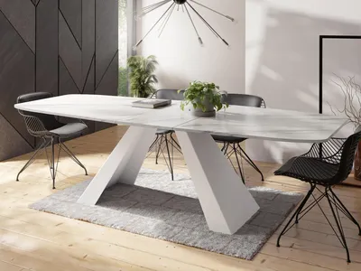 Obrázek produktu pro Jídelní stůl Monte White v moderním stylu, obdélníkový stůl ve vzhledu bílého mramoru - rozkládací od 160 cm do 200 cm, kovové nohy s práškovou úpravou v bílé barvě - 160 x 80 cm - mramor bílý