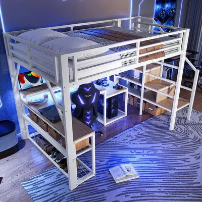 Image de OKWISH Lit Mezzanine Ado 140x200 cm Avec Bureau, LED, Escalier de Rangement et Garde-Corps, Ports USB, Sans Matelas, Métal + MDF, Blanc