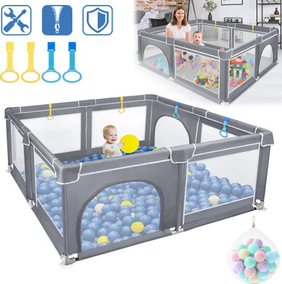 Produktbild von UISEBRT Baby Laufgitter 150 x 180 cm, Rutschfester Laufstall mit Handtasche und Meeresbälle, Oxford-Tuch Sicherheitsbarriere Schutzgitter - Grau