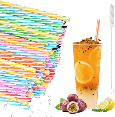 Zdjęcie produktu dla Wielorazowe słomki plastikowe z 2 szczoteczkami do czyszczenia - Grubsze plastikowe słomki do picia - Idealne do soków i koktajli