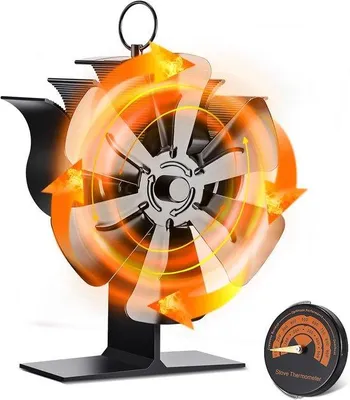 Image de Ventilateur pour poêle à bois avec thermomètre, 6 pales, silencieux, pour poêles à bois et cheminées