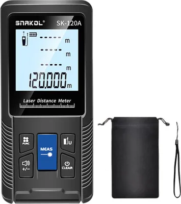 A laser distance meter and its carrying pouch are displayed against a white background.