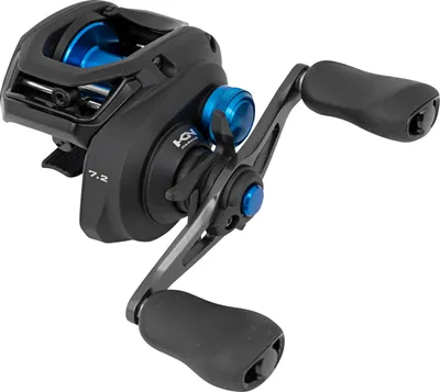 A black and blue baitcasting fishing reel is shown against a white background.