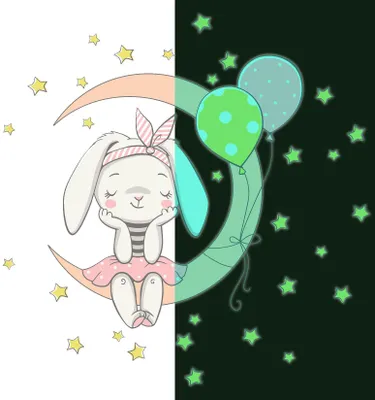 Produktbild von Leuchtsticker – Hase auf dem Mond und 30 Sterne – Wand-/Deckensticker für Kinderzimmer – 130 x 120 cm