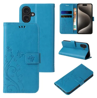 A collage of images showcasing a blue floral butterfly flip phone case from multiple angles.