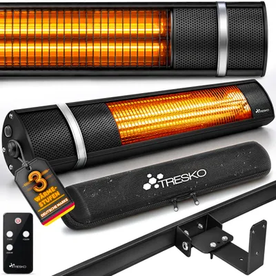 Obrázek produktu pro TRESKO Infračervený sálavý ohřívač 2000W černý s dálkovým ovládáním a krytem | Elektrický ohřívač na terasu se 3 úrovněmi ohřevu | Ohřívač na terasu vnitřní a venkovní | Infračervený ohřívač na zeď Quartzový ohřívač Změnit stolní ohřívač