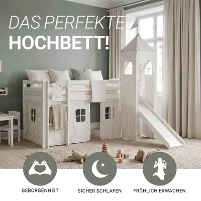 Produktbild von Homestyle4u Hochbett 90x200 Kinder mit Rutsche mit Lattenrost mit Matratze  Standard 100 Spielbett Weiß mit Turm mit Rausfallschutz