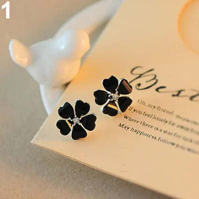Produktbild von Mode Elegante Frauen Silber Überzogene Blume Strass Ohr Stud Ohrringe Schmuck-Schwarz
