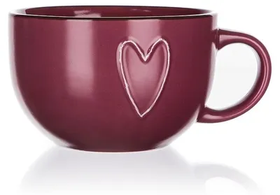 Produktbild von Kaffeebecher, großes Fassungsvermögen, bordeauxrot, Herzmotiv, romantisch 730 ml