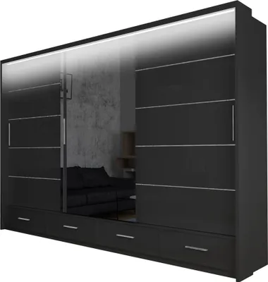 Produktbild von Original-Garderobe - Kleiderschrank mit schubladen Cylia LED 253 - Schwarz + Spiegel - Spiegelschrank mit Schiebetüren, geräumiger Kleiderschrank, Wohnzimmer, Flur