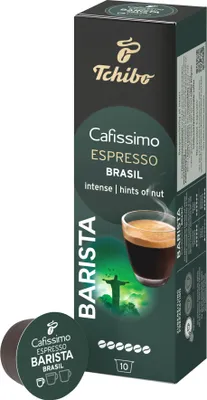 A box of Tchibo Cafissimo Espresso Brasil coffee capsules, with one capsule shown in the foreground.