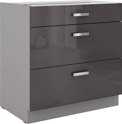 A three-drawer cabinet with silver handles against a light gray background.