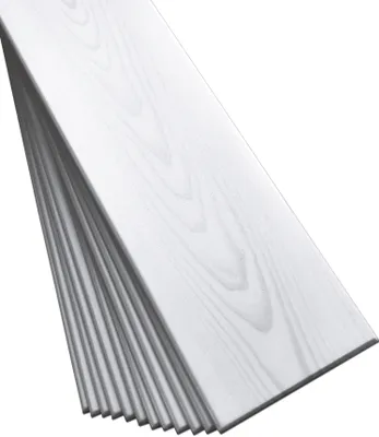 A stack of white wood-look panels with a gray wood grain pattern, angled on a white background.
