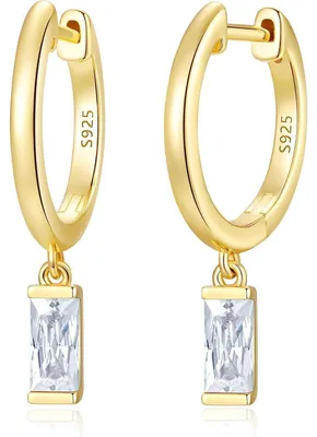 Image de Boucles d'oreilles en argent 925 plaqué or, avec zircone, pour femmes et filles, avec pendentif. Sans nickel, hypoallergéniques. Livrées dans une boîte cadeau