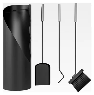 Produktbild von Kaminbesteck Set 4-teilig mit Besen, Schaufel, Schürhaken und Korb, Kamingarnitur, Metall, Schwarz