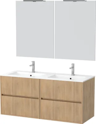 Image de Meuble Salle de Bains 120 cm Chêne Clair 4 Tiroirs, Vasque, Miroirs 60x80 et Réglettes Led - XENOS