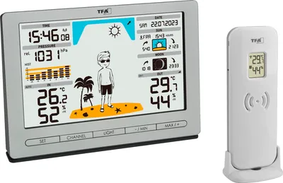 A digital weather station and its remote sensor are displayed against a light gray and white background.