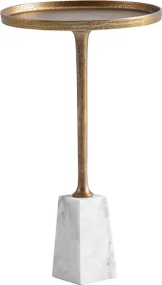 Beistelltisch Marmor Metall mit runder Tischplatte in Gold und weißem Marmorsockel in Gesamtansicht.