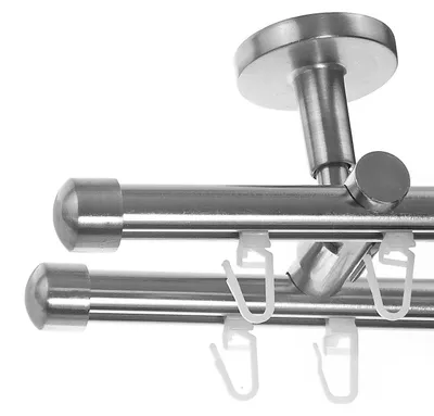 Produktbild von BASIT Innenlauf Gardinenstange Edelstahl Look 16mm mit Deckenträger 2 läufig modern Kappe D80 E17 E17
