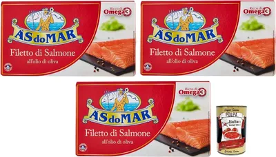 Produktbild von 3x AS do MAR Filetto di Salmone all'Olio di Oliva,Lachsfilet in Olivenöl,Reich an Omega 3,Dose 150g + Italian Gourmet Polpa di Pomodoro 400g Dose
