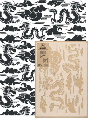 Produktbild von Wandschablone Groß Muster, Malschablone 59x95 cm Drachen Chinoiserie Wiederverwendbare Kunststoff, Geometrische Tapete Wandgestaltung