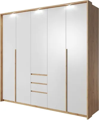 Produktbild von Kleiderschrank XELO Drehtürenschränke Beleuchtung mit Schubladen weiß matt / eiche gold