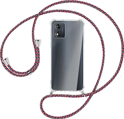 Produktbild von Handykette Backcover-Schutzhülle mit Band (Metall silberfarben) für Motorola Moto E13 (6.5'') - silber/blau/rot