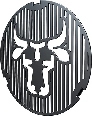 A black metal grill insert with a bull motif.