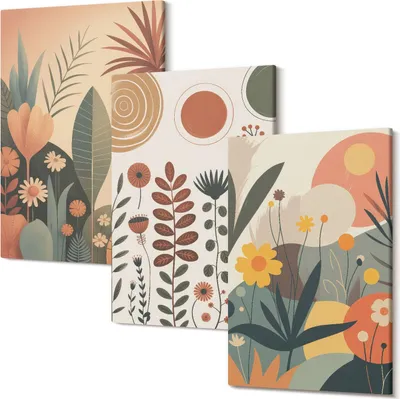Produktbild von Leinwandbilder – Wandbilder – Leinwandbild – Canvas Bild – Polycanvas – Kunstdruck – – Modern – Aufhängefertig – Mehrteilig – 3-Teilig – 20x30 Cm Pro Bild - Boho-Pflanzenmuster in warmen Farbtönen mit natürlichem Touch