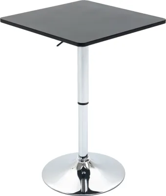 A square black table with a silver adjustable stand and base, isolated on a white background.