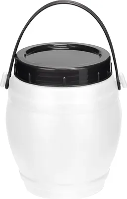 A white plastic barrel container with a black lid and handle.