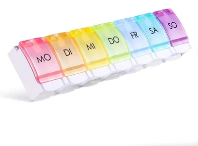 Produktbild von Pillendose Wochenpillendose Tablettenbox - 7 Tage - 22 x 5,5 x 2,1 cm - Regenbogenfarben - Für Medikamente und Vitamine