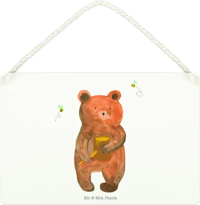 Produktbild von Mr. & Mrs. Panda Schild Bär Honig DIN A4 - Weiß - Geschenk, kleine aufmerksamkeit, Partner, Türschild, wandtafel, Liebe, Deko, Freund, holzbild, Teddy
