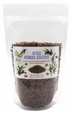 A clear product shot of a bag of dried chaste tree berries.
