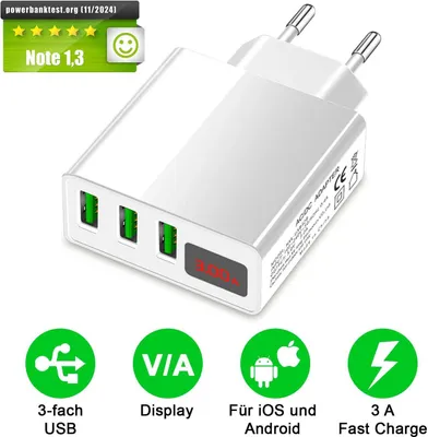 A white multi-port USB charger with green USB ports and a small red digital display.
